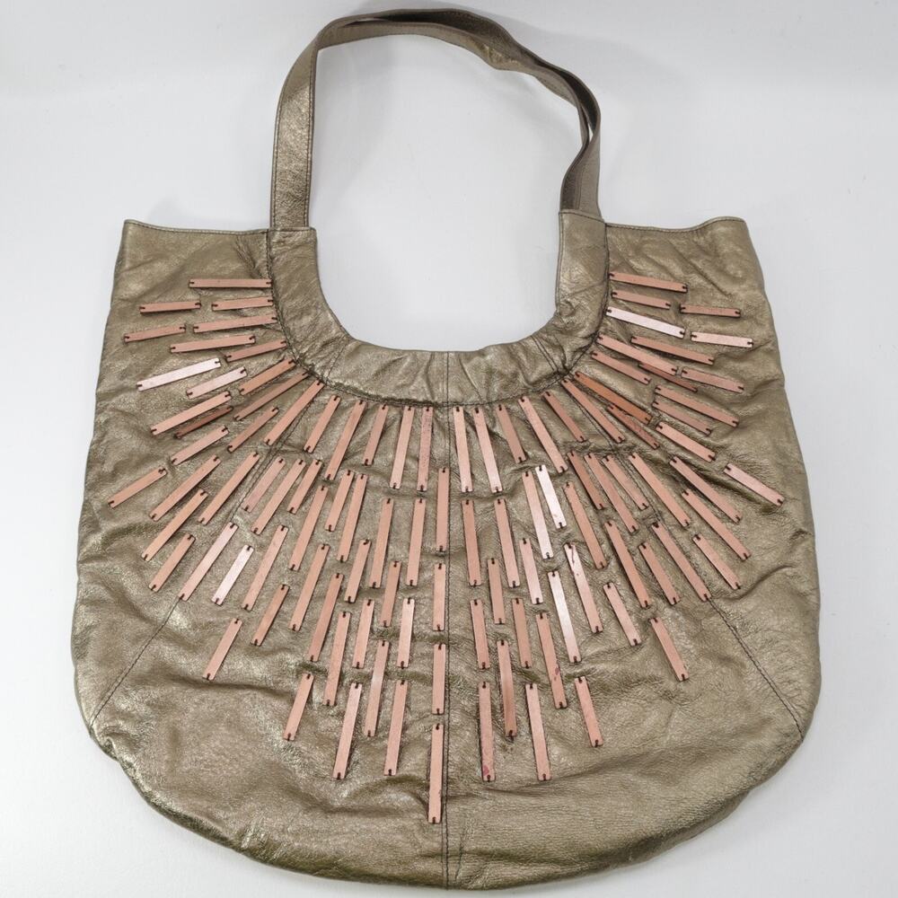 Bebe Y2KHobo Handbag M Metallic Taupe Copper Strip Rectangles Shoulder Bag